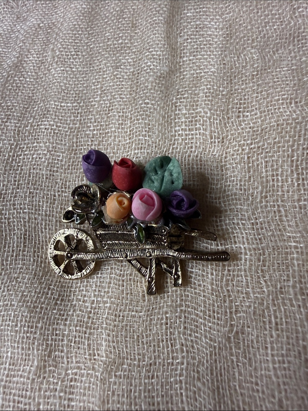 Vintage Gold-Tone Wheelbarrow Flower Cart Brooch Pin - Colorful Molded Roses